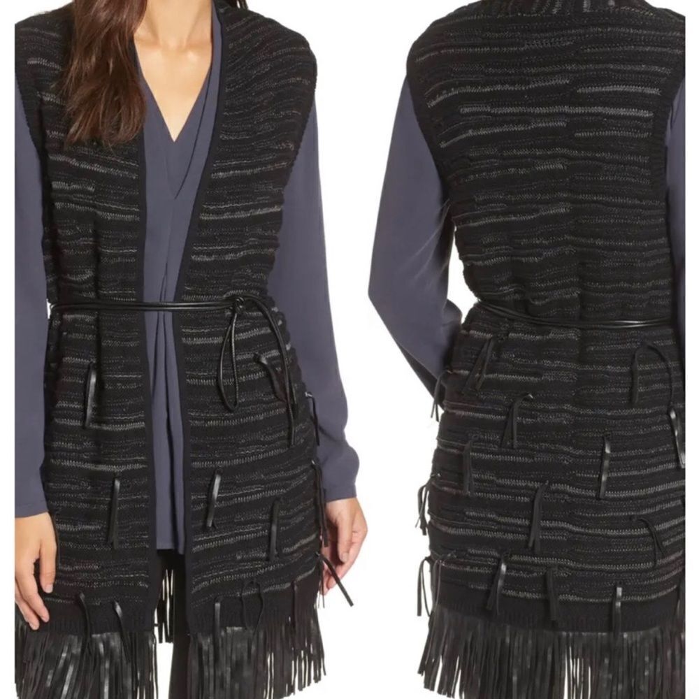 Nic + Zoe Belted Fuse Black Metallic Fringe Open Front Vest Sweater, Size S